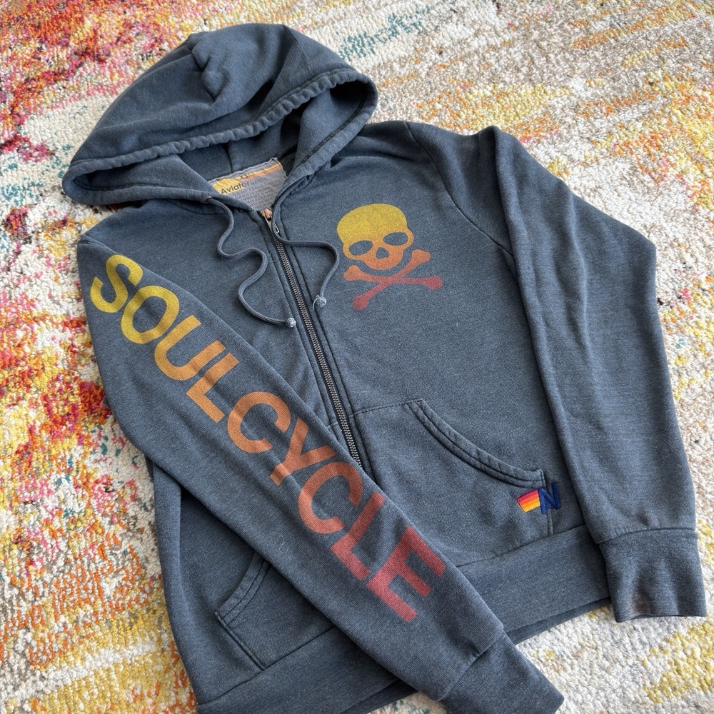 Aviator Nation x SoulCycle Charcoal Zip Hoodie Skull Crossbones Extra Small